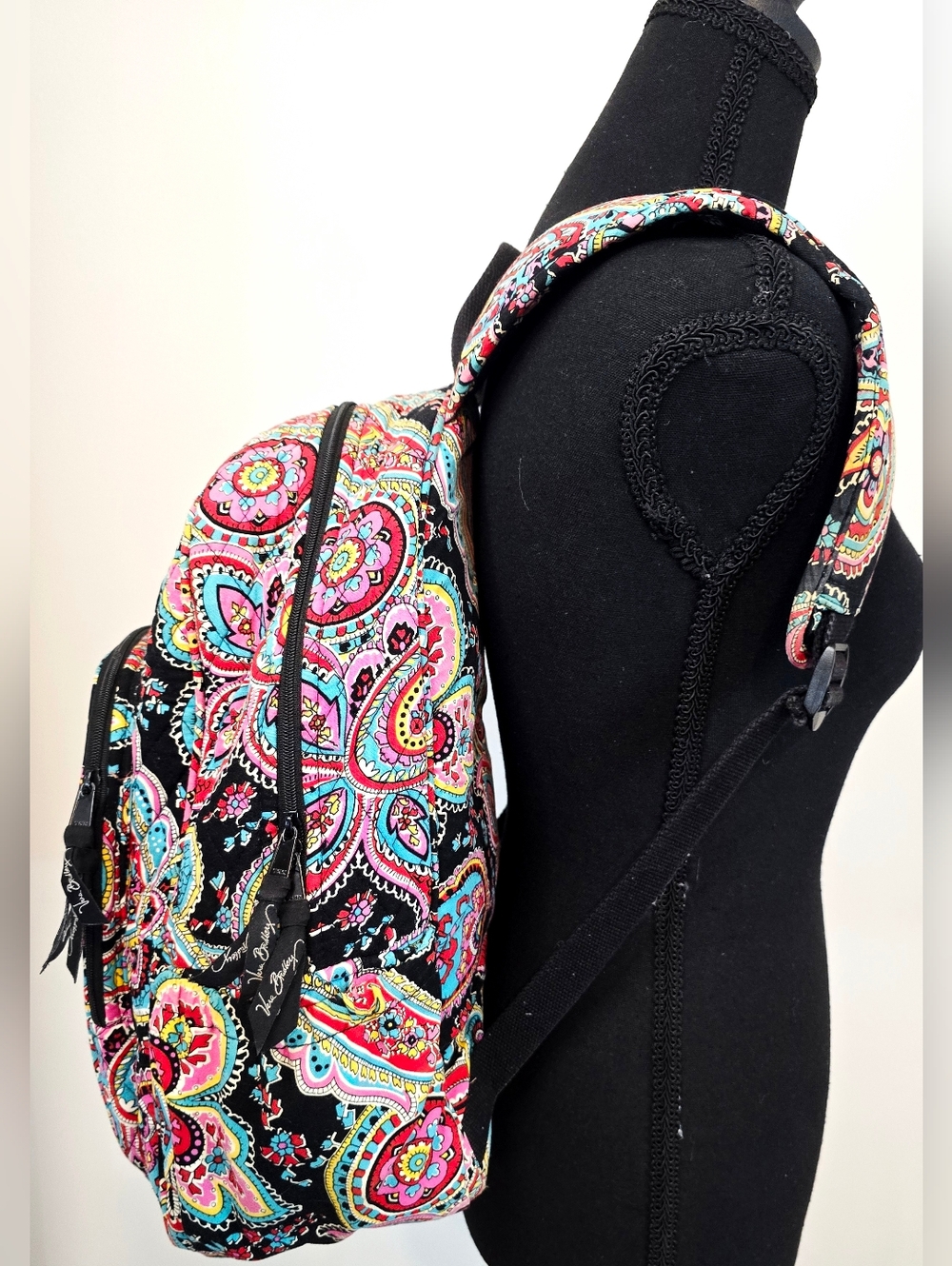 Vera Bradley Paisley Backpack Black Pink Blue Travel School Bag Quilted Cotton - Picture 13 of 14